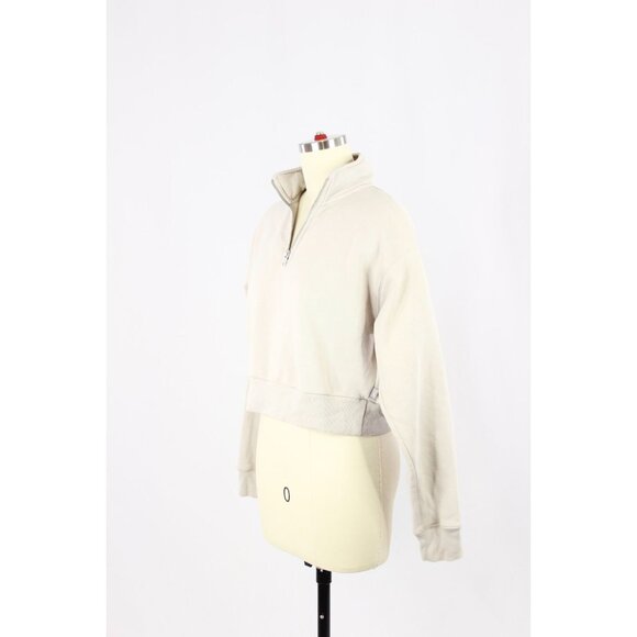 Aritzia TNA Cozy Fleece Beige Cotton 1/4 Zip Perfect Cropped Sweatshirt, Size S - Picture 4 of 16